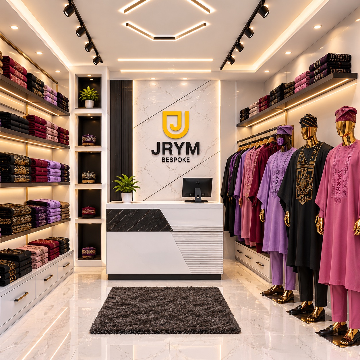 Inside the house: shelves of folded fabric and dressed mannequins