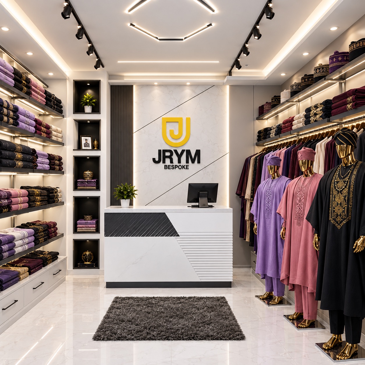 The JRYM reception desk and logo wall