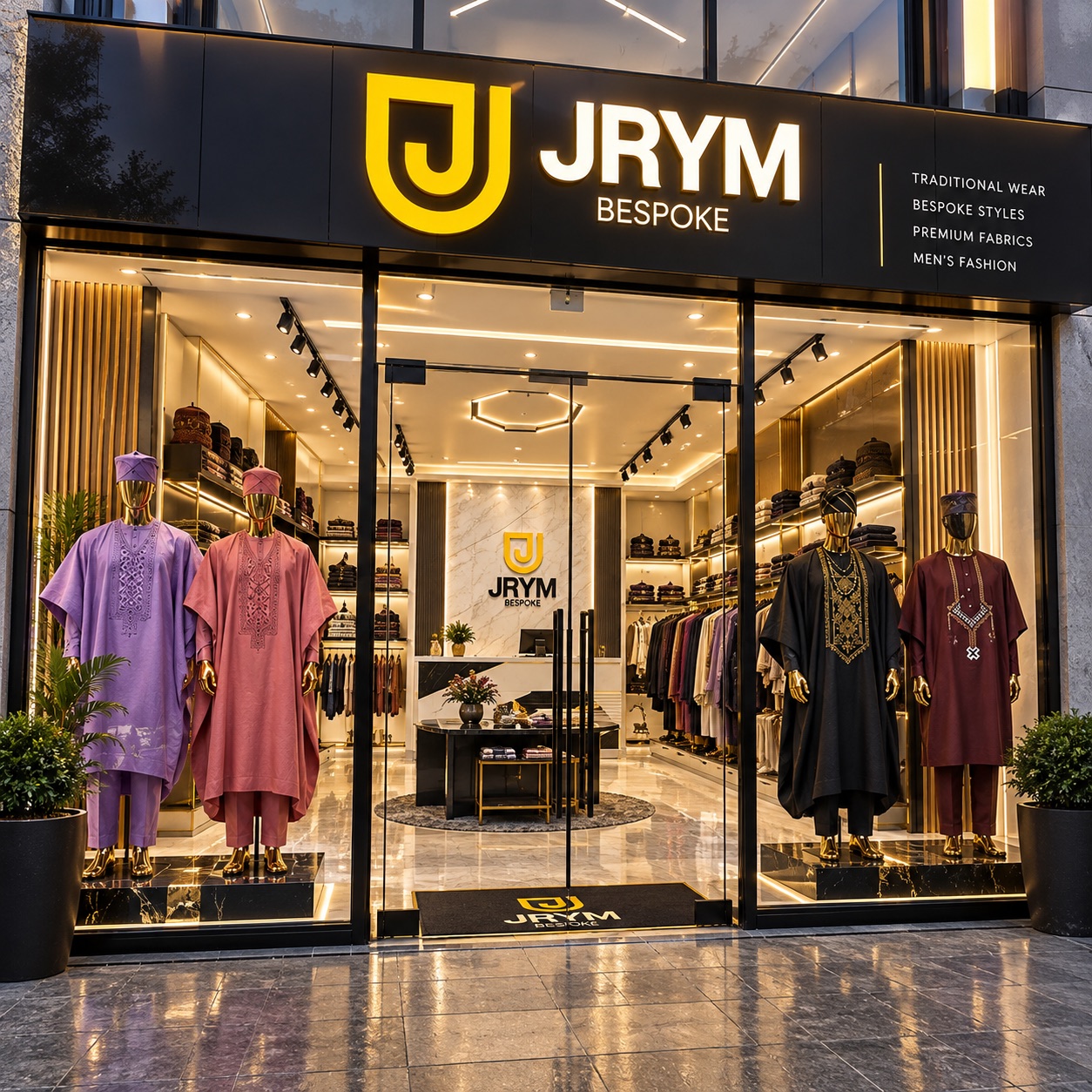 The JRYM Bespoke storefront at dusk